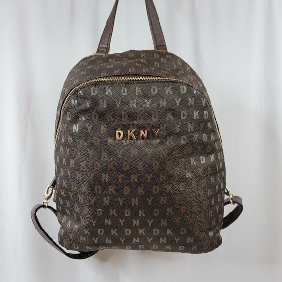 DKNY Logo Monogram Backpack | Brown Faux Leather Bookbag - Picture 3 of 8